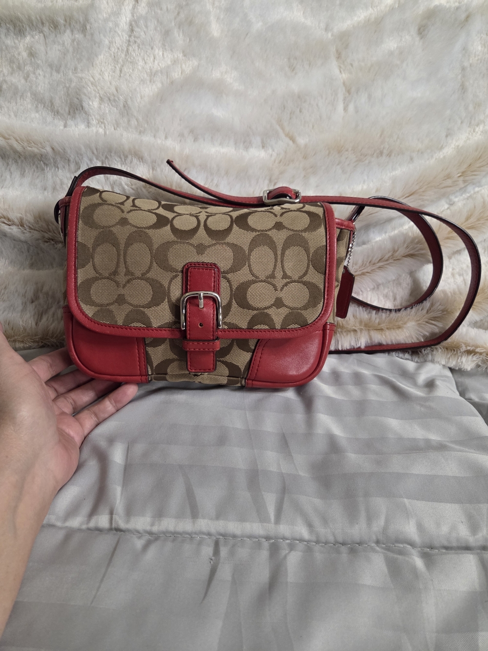 Coach Tan Signature Canvas Crossbody with Red Leather Trim